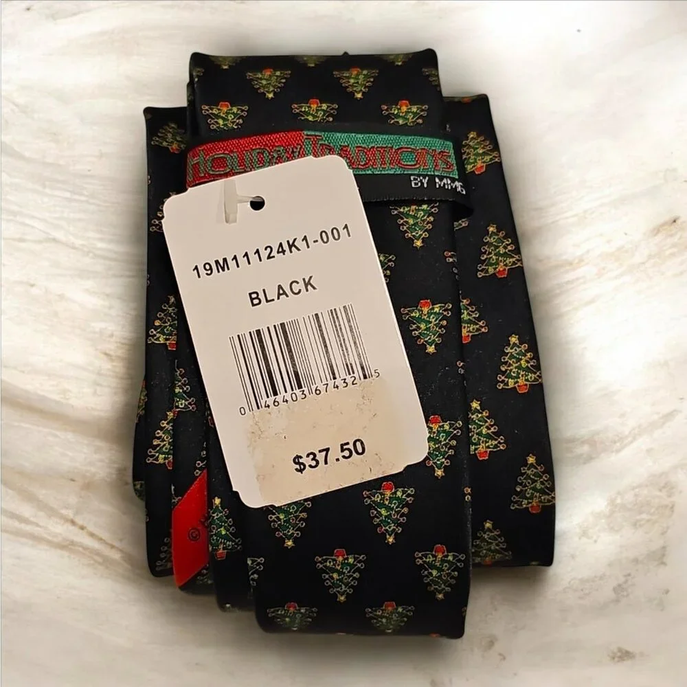 Men’s Holiday Dress Tie Christmas Tree Pattern Classic Black - Picture 3 of 3